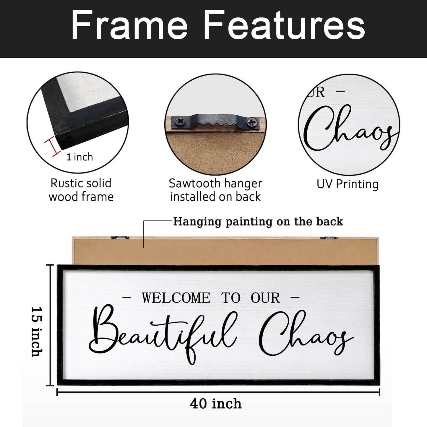 Welcome to Beautiful Chaos Framed Wall Art, 40''×15'' Rustic Horizontal Beautiful Chaos Plaque with Black Frame for Entryway Living Room, Farmhouse Long Welcome to our Chaos Wood Sign Wall Decor