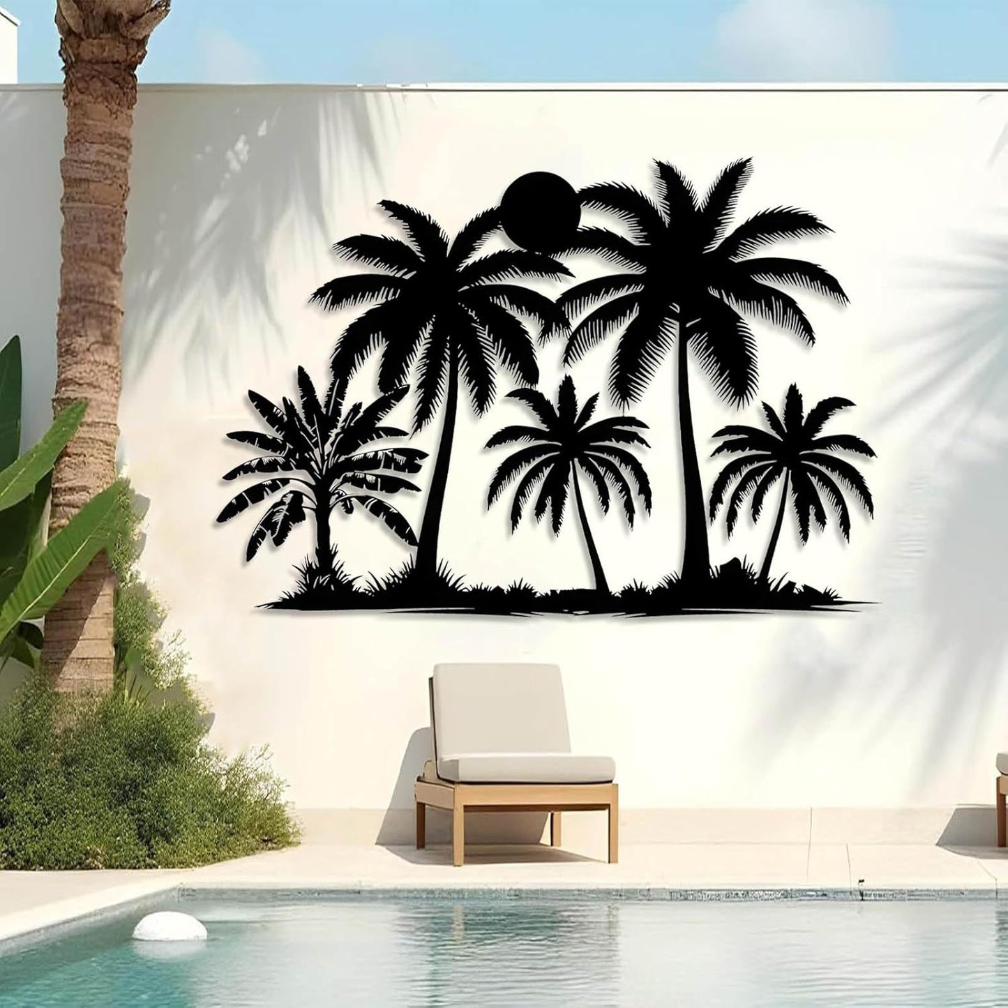 Tuglona Metal Palm Tree with Sunset Wall Decor, Tropical Palm Tree Metal Wall Art, Tropical Wall Decor, Sun Wall Art, Beach Wall Decoration, Coastal Trees Wall Hanging (Silver, 48"x33"/121x84cm)