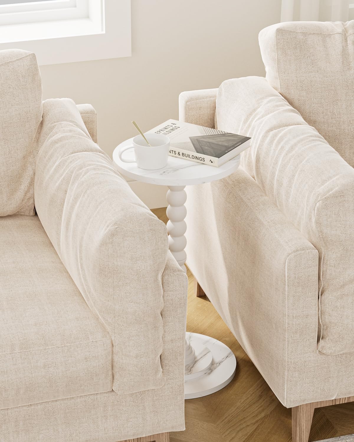 Masupu Round Side Table, Small Drink Table for Small Spaces, Pedestal End Table with Solid Wood Leg for Living Room, Bedroom, Corners(Marble White)