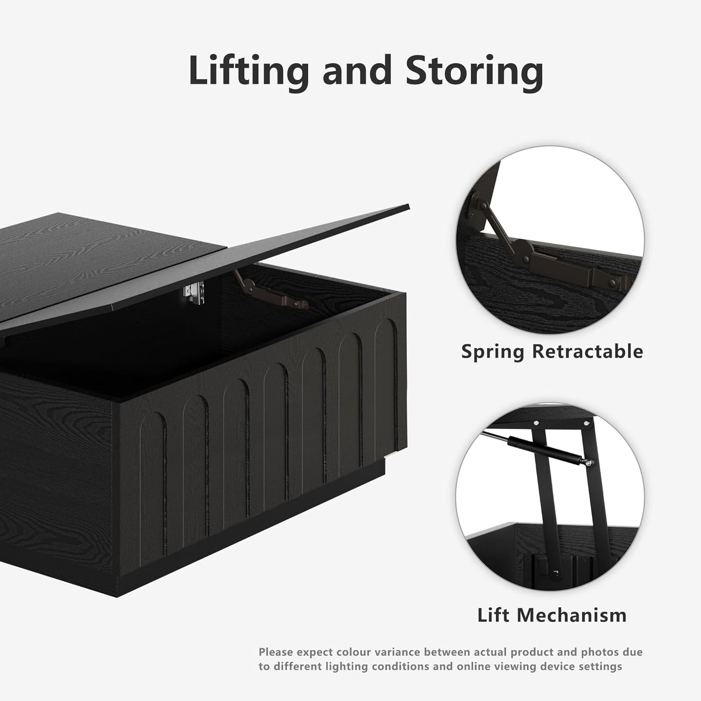 Lift Top Coffee Table with Storage, Modern Coffee Table with Arched Design, 31.5" Square Tea Table with Wood Grain, Minimalist Multifunctional Center Table for Living Room, Office, Black