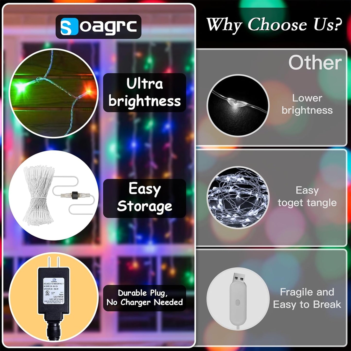 200 LED Rainbow Curtain String Lights 9.8 * 6.6FT Plug in Fairy with Timer and 8 Modes, Waterproof Window Wall Lights for Bedroom Wedding Party Indoor Outdoor Christmas Decor