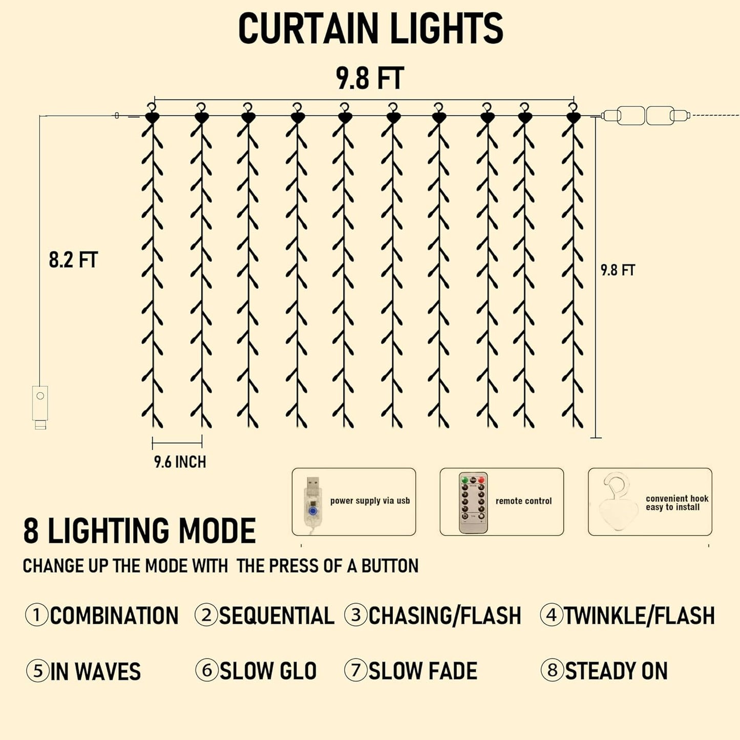 FUNPENY Window Curtain String Lights, 300 LED 8 Lighting Modes Fairy Lights USB Powered, Waterproof Lights for Christmas Bedroom Party Wedding Home Garden Wall Decorations, Warm White
