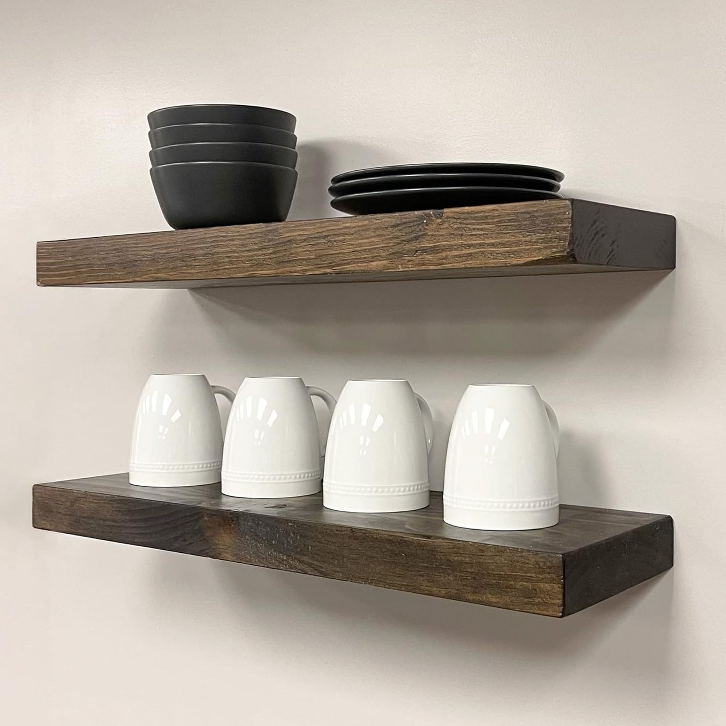 URBANDI, Rustic Floating Shelves, Set of 2, Hidden Bracket, Solid Wood, Heavy Duty, Wall Mounted Shelves, (Dark Brown, 12Wx12D)