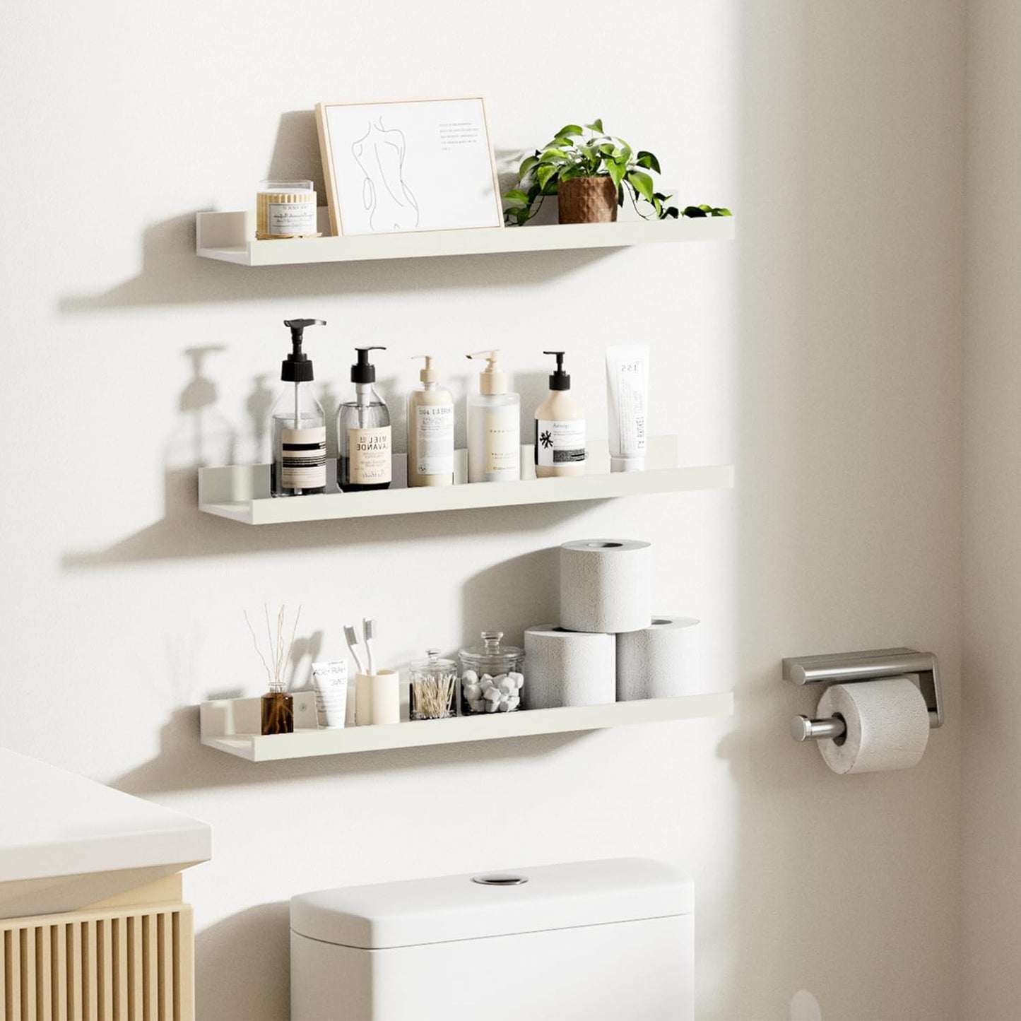 upsimples Floating Shelves for Wall, Wall Shelves for Decor Storage Set of 6, Wall Mounted Wood Shelf for Bedroom, Living Room, Bathroom, Kitchen, 23.6 inch Long Picture Ledge Shelf, White