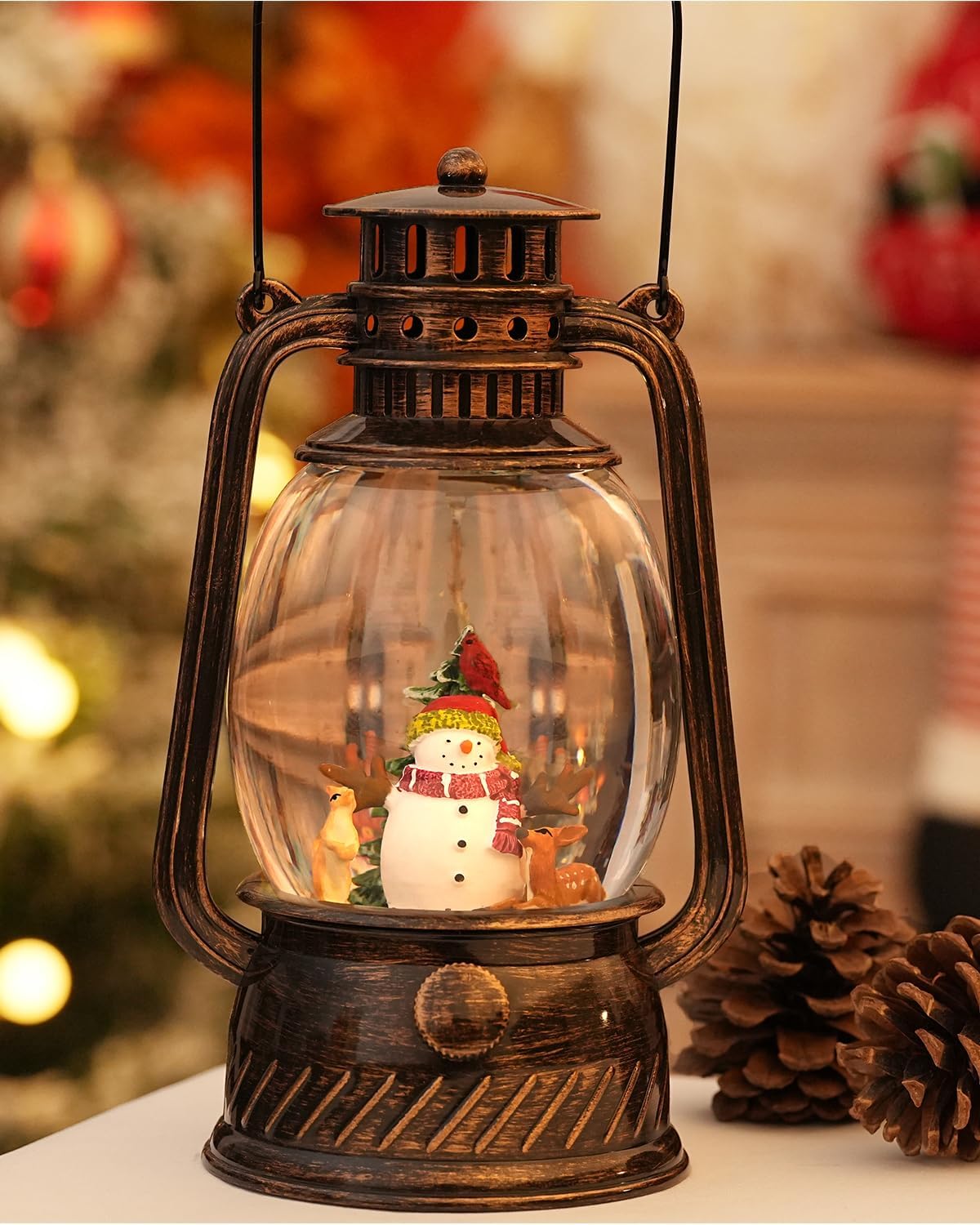Christmas Decorations Indoor-Musical Snow Globe with 6H Timer,Snowman Cardinal Deer Lighted Scene Snow Globes Lantern USB or Battery Powered,Christmas Decorations Decor for Home