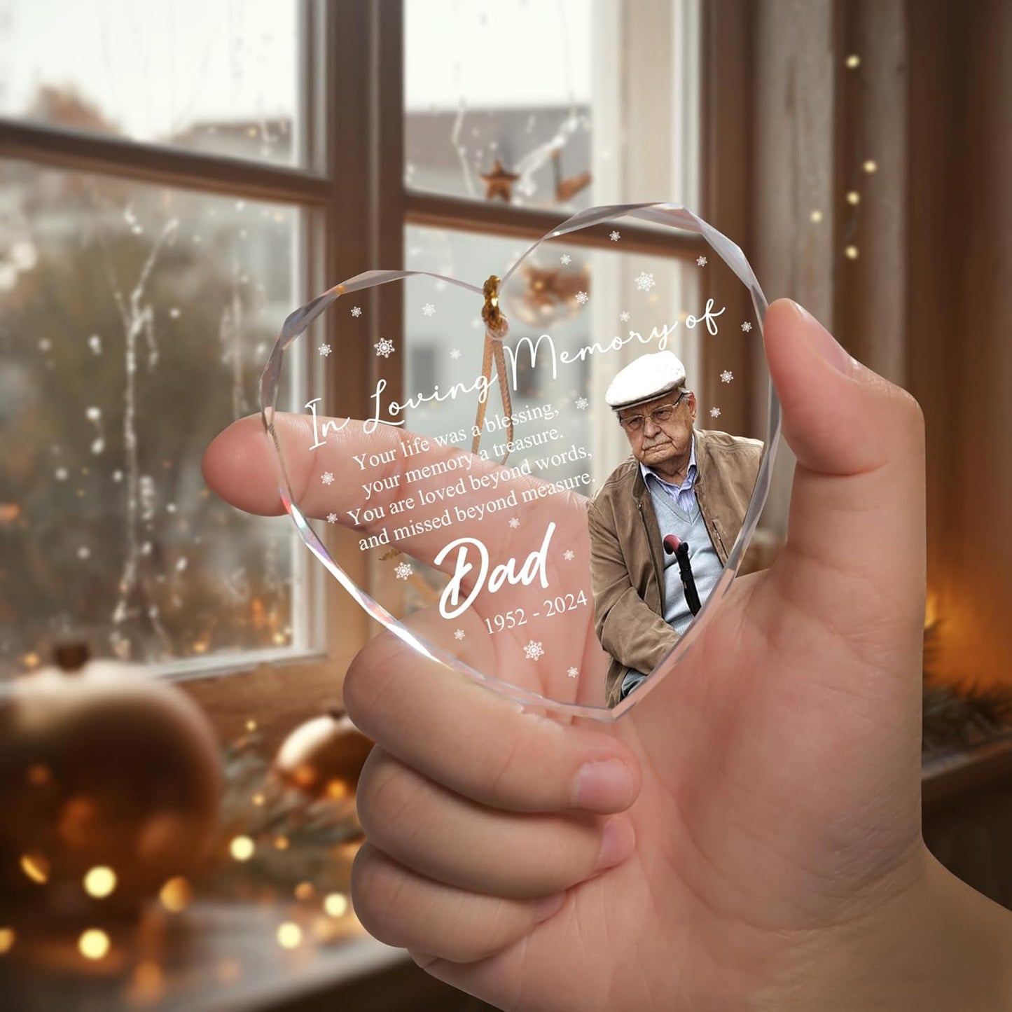 Personalized Heart-Shaped Memorial Ornament with Photo – Custom in Loving Memory Christmas Ornament for Dad – Rainbow Crystal Suncatcher with Loss of Father Quote – Remembrance Tree Decor