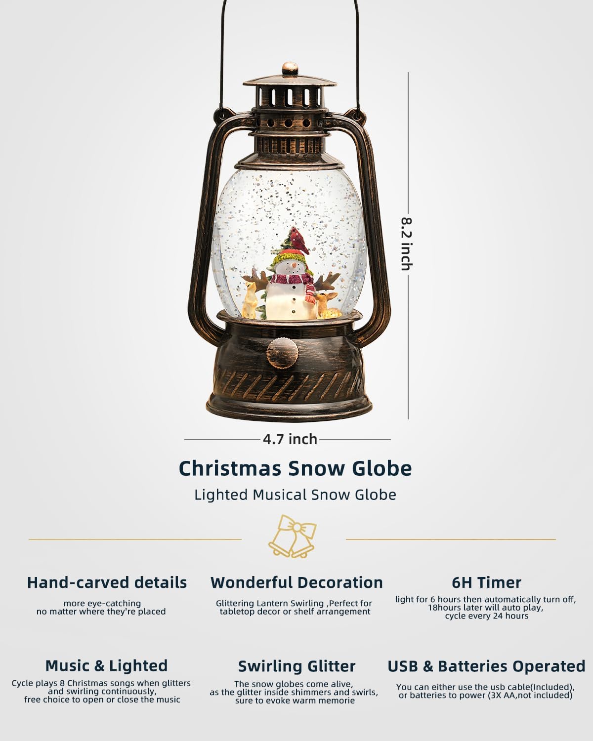 Christmas Decorations Indoor-Musical Snow Globe with 6H Timer,Snowman Cardinal Deer Lighted Scene Snow Globes Lantern USB or Battery Powered,Christmas Decorations Decor for Home