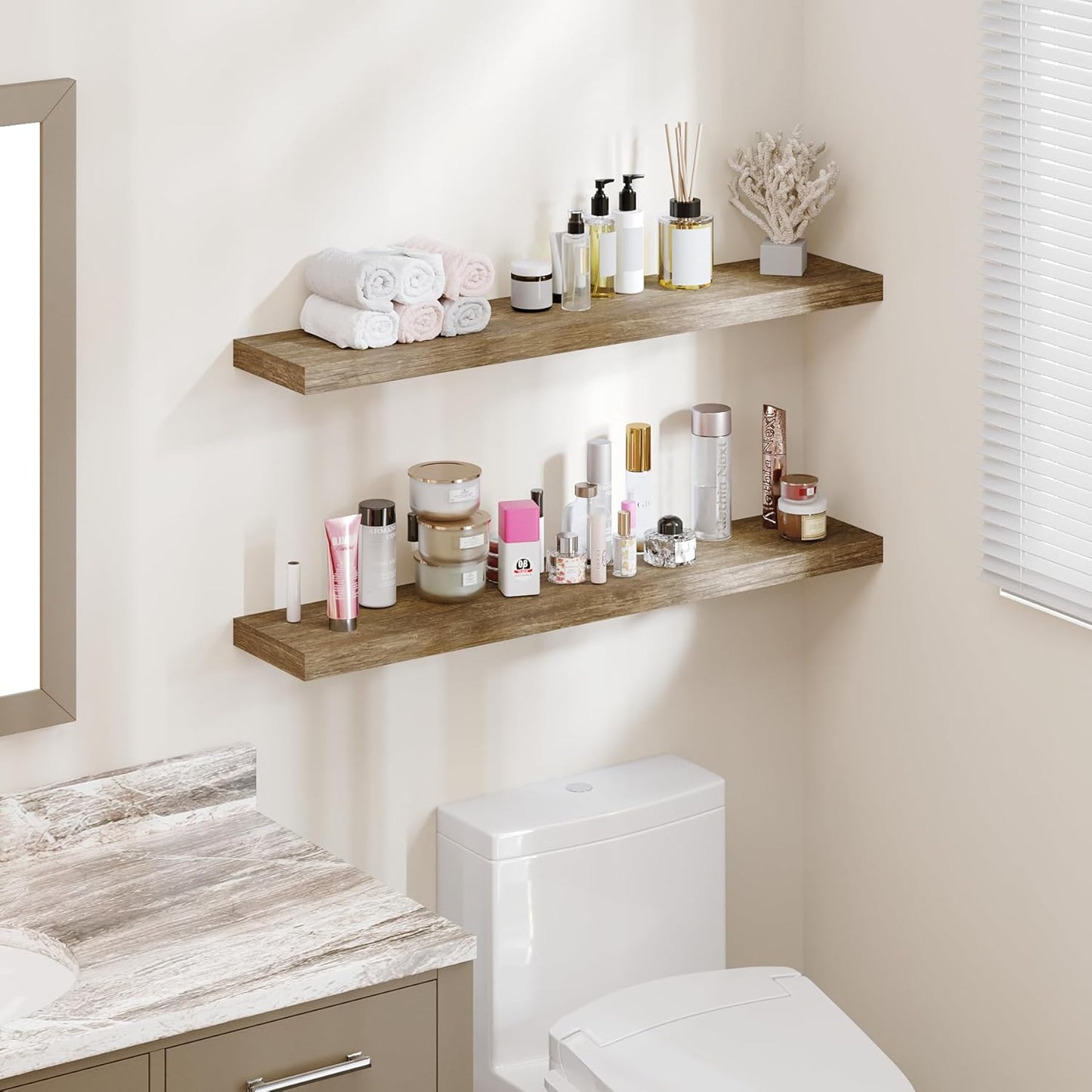 BAMEOS Floating Shelves,Wall Mounted Wooden Shelves with Invisible Brackets Set of 2, Hanging Wall Shelves Decoration for Bedroom, Bathroom, Living Room and Kitchen