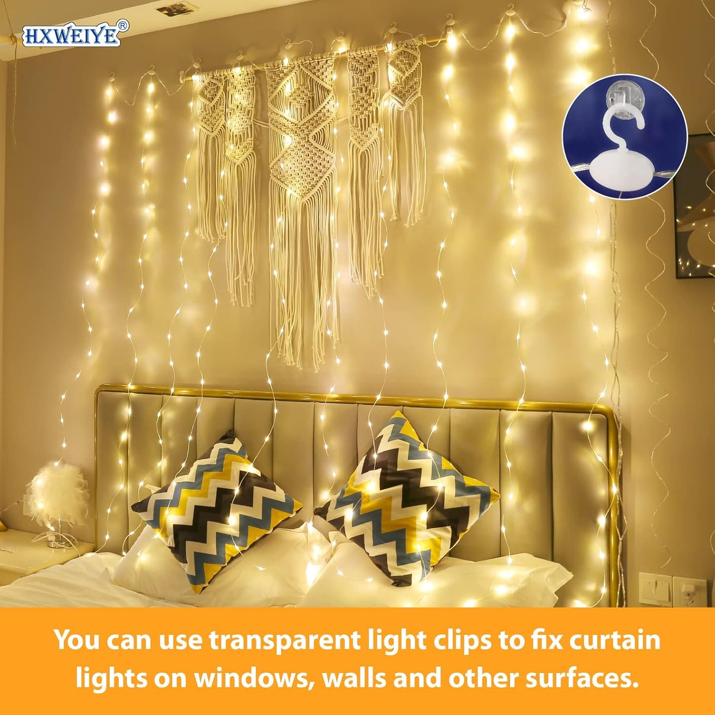 HXWEIYE 300LED Fairy Curtain Lights for Bedroom Warm White, 3mx3m 8 Modes USB Plug in Window Christmas Led String Hanging Lights with Remote for Backdrop Wedding Party Home Garden Outdoor Indoor