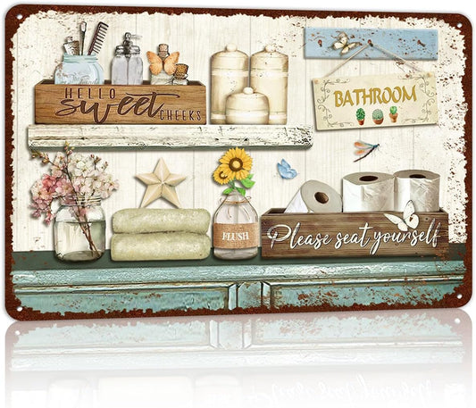 Vintage Farmhouse Bathroom Metal Tin Signs Rustic Flower Country Wall Art Decor 8X12 Inches
