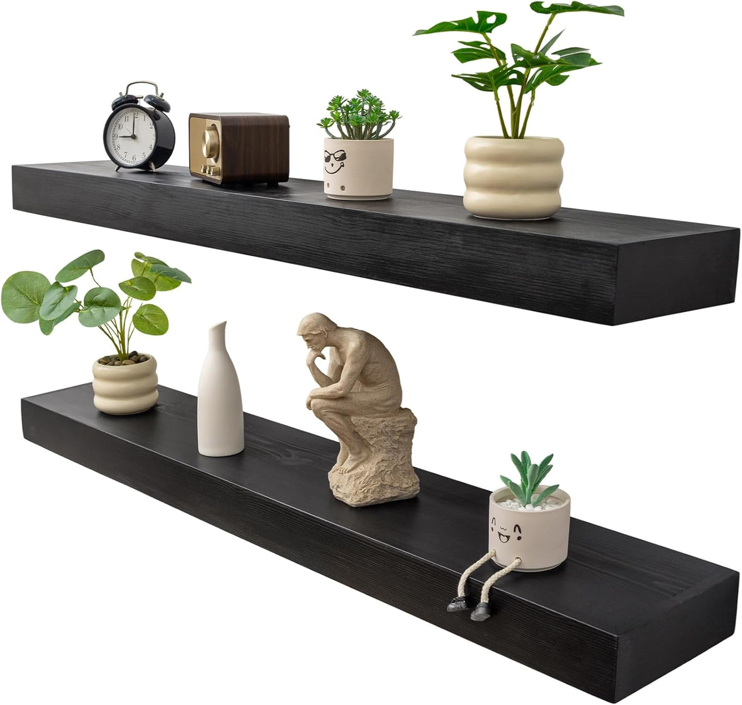 Floating Shelves 3 inch Thick for Wall Set of 2,Solid Pine Wood Wall Mount Shelf for Kitchen Living Room Bedroom Bathroom,8" D x 48" L x 3" H-Black