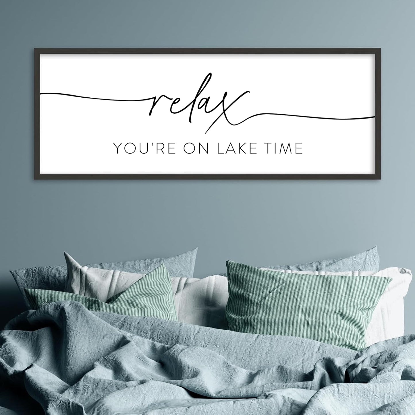 SRSZHIYUE Relax You're On Lake Time Wall Decor Above Bed Sign 32"×12" for Lake House Bedroom Over Bed Large Wood Framed Hanging Art (Black)
