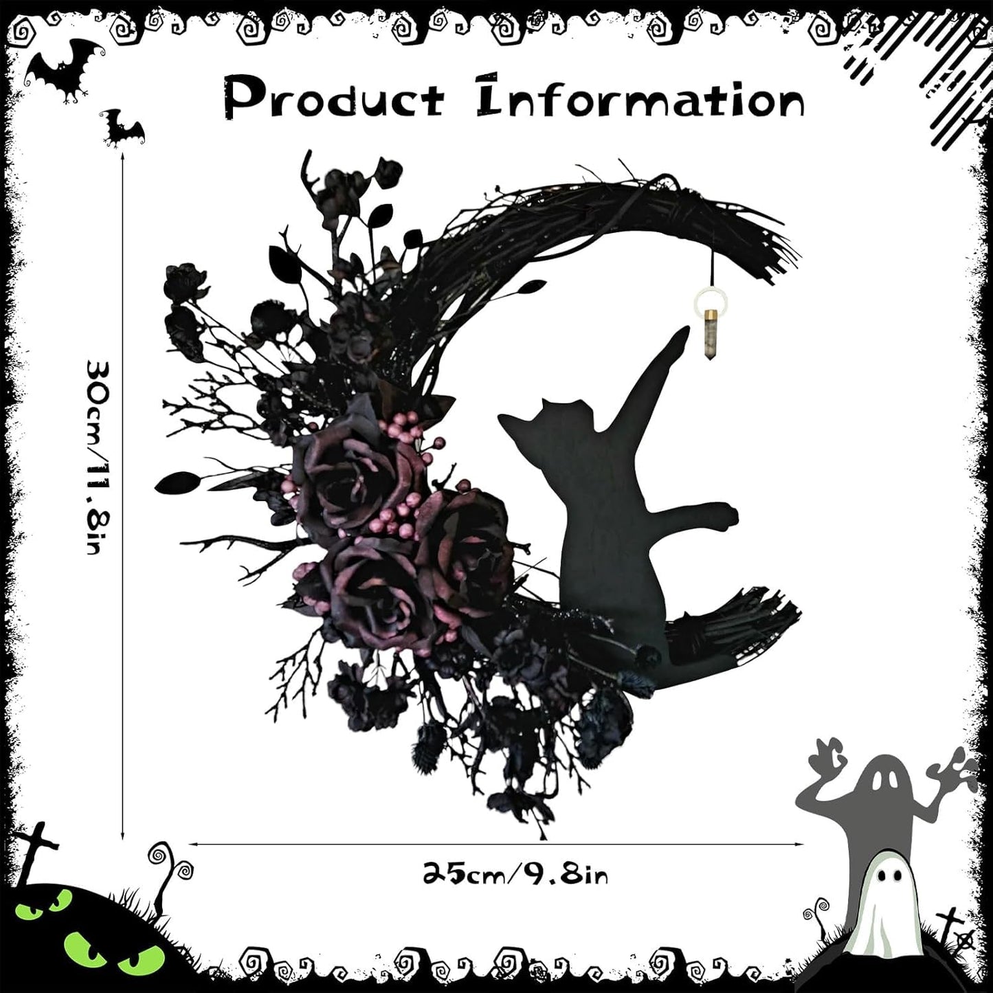 Halloween Wreaths for Front Door with Light, Black Cat on Moon Garland with Rose Wreath Decor, Halloween Decorations Crescent Moon Wreath for Home Party Window Wall Indoor Outdoor (black flower)