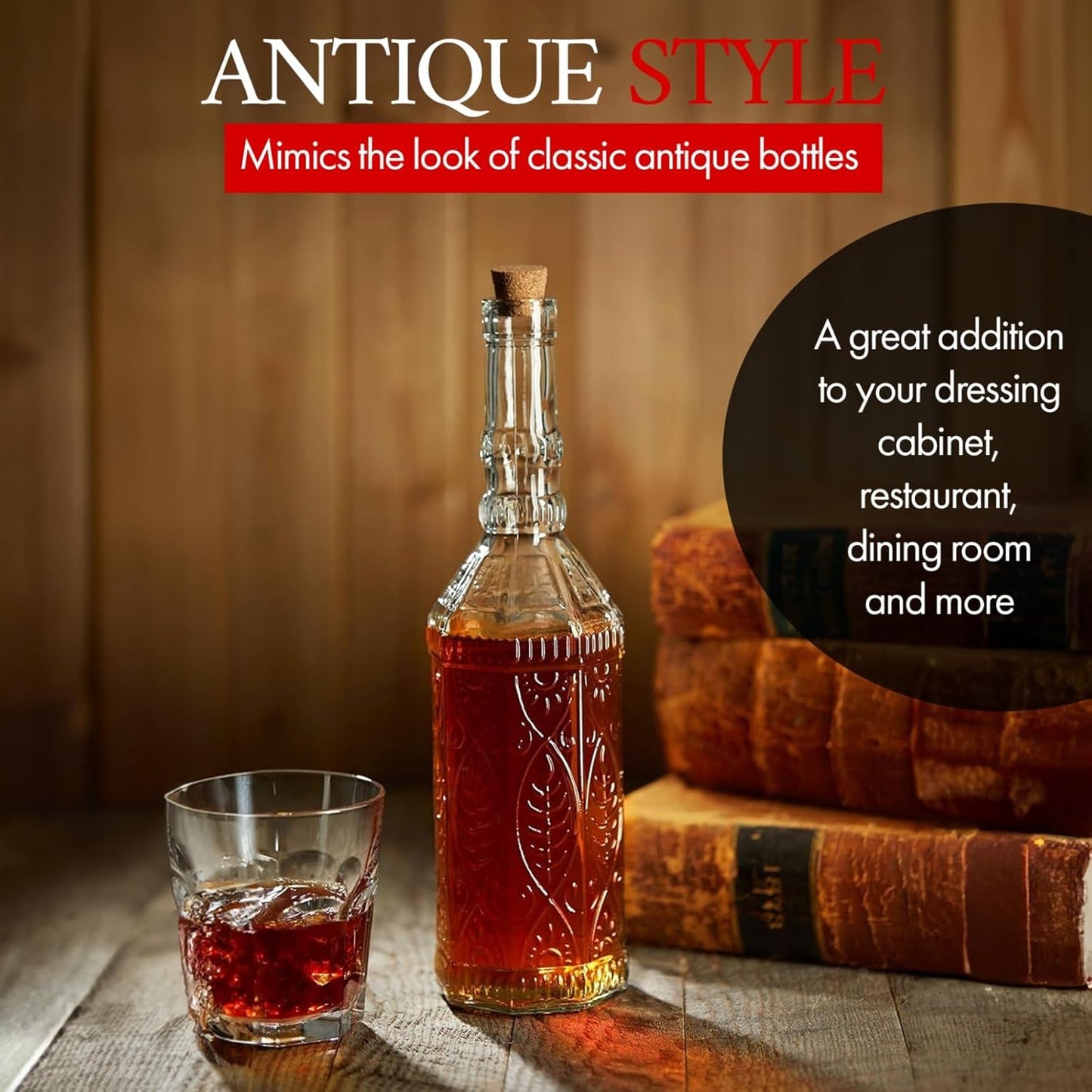 Large Clear Decorative Glass Bottle with Spout and Cork, 32oz, 1 Bottle - Design: VINO (3in X 11.9in)