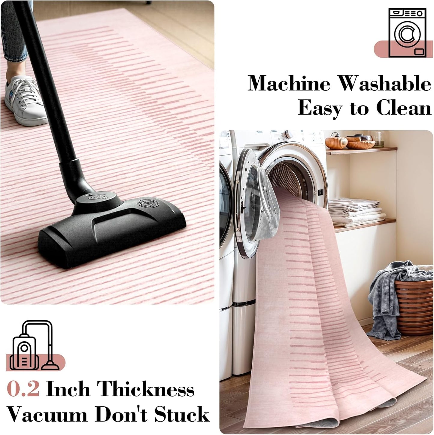 Wonnitar Striped Large Rugs for Living Room, Washable 9x12 Area Rugs for Bedroom, Non-Slip Soft Minimalist Pink Area Rug Throw Carpet for Nursery Playroom Guest Room (Pink,9' x 12')