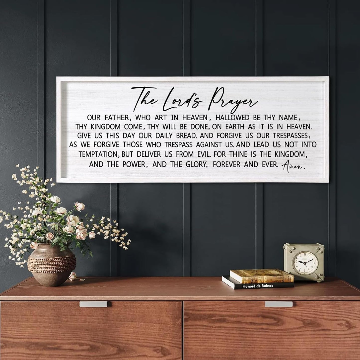 Our Father Prayer Bible Verse Framed Wall Art, 40''×15'' White Horizontal Religious Christian Lords Prayer Sign for God Jesus Christ Prayer, Rustic Holy Inspirational Catholic Scripture Decor