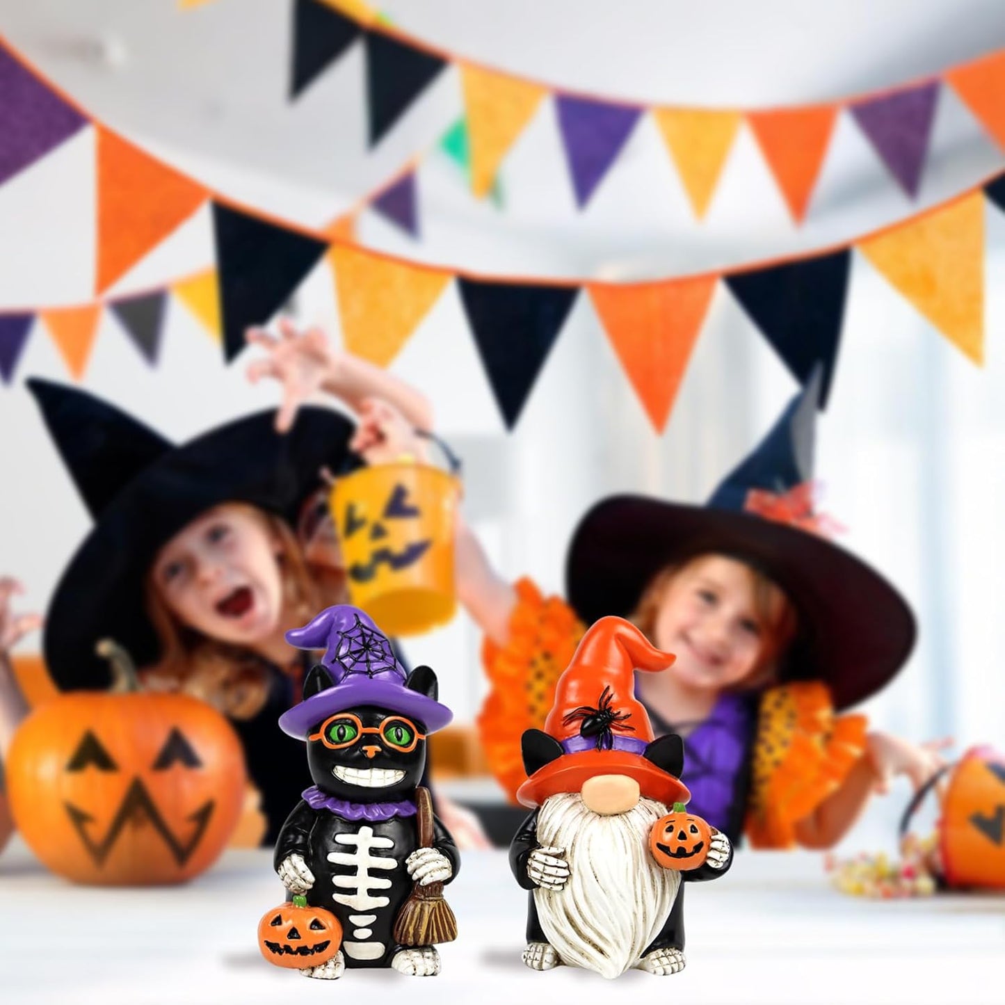 Halloween Gnome Decorations Black Cat Decor 2 PCS Home Vintage Figurines Funny Resin Tabletop Ornaments Indoor Holiday Collectible Statue for Women Men Kids