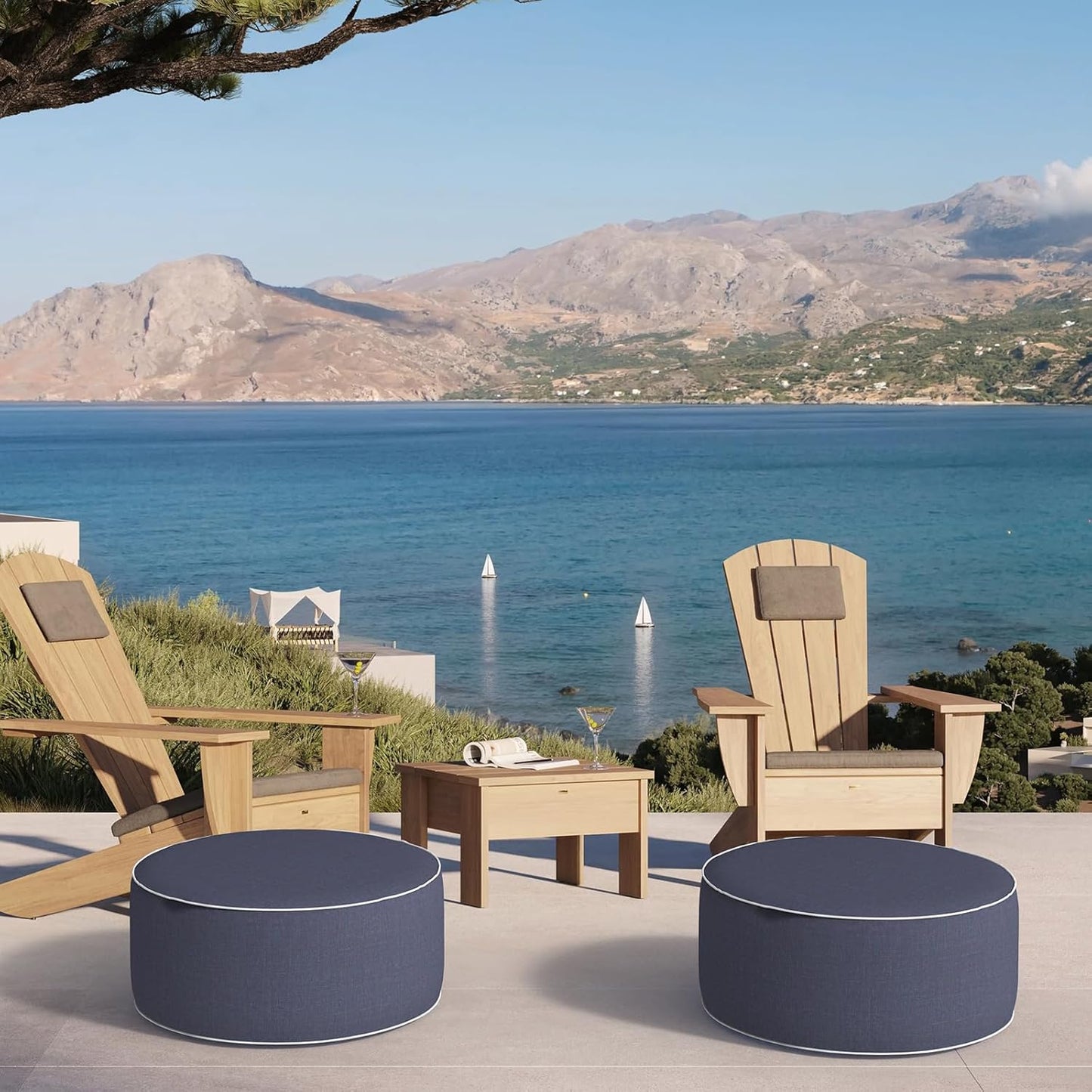 Inflatable Ottoman Stool D21 xH9 for Outdoor/Indoor Use, Water Repellent Patio Foot Rest Stool with Portable Handle,Round Pouf Ottoman Suitable for Garden,Deck and Camping - Textured Navy