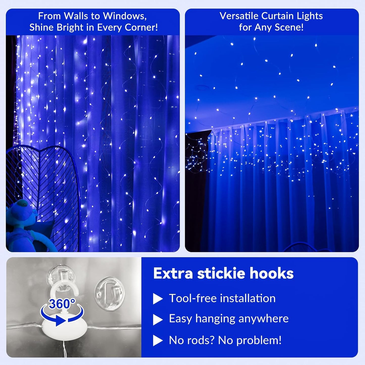 HXWEIYE 300LED Blue Fairy Curtain Lights with Remote 8 Modes Timer for Bedroom, 9.8x9.8Ft USB Plug in Christmas Fairy Hanging String Lights for Outdoor, Weddings, Party, Garden, Wall, Decorations