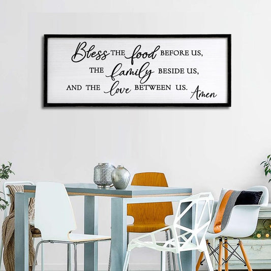 Bless the Food Before Us, the Family Beside Us, and the Love between us Framed Wall Art for Christian God Jesus Christ Prayer, 40''×15'' Positive Holy Religious Rustic Bible Verse for Dining Room