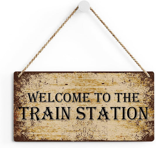 SENJIAN Rustic Train Station Wood Decor Sign, Retro Welcome to the Train Station Printed Wood Sign Wall Art, Hanging Door Sign, Decorative Wood Sign Home Decor 12" x 6"