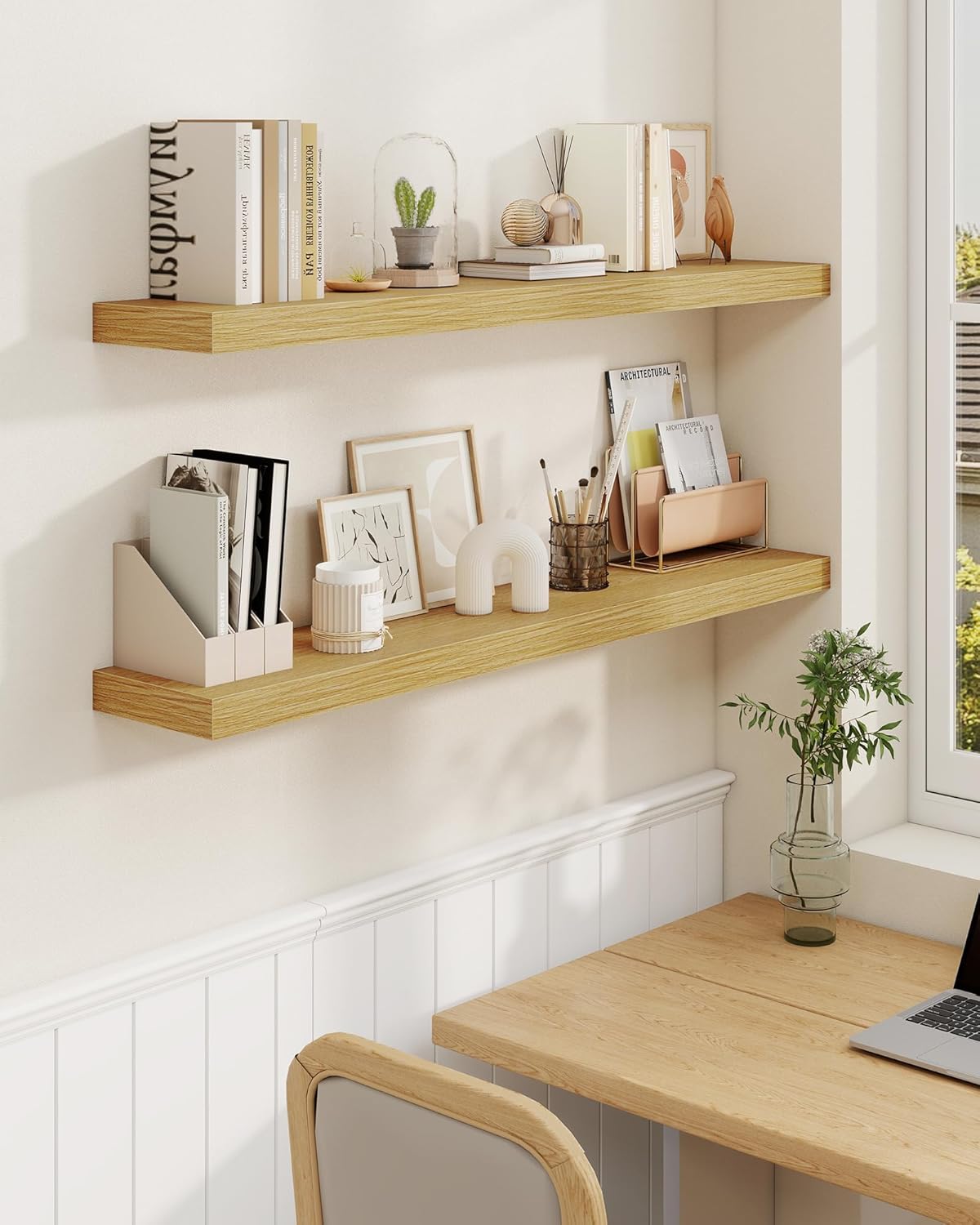 Marsmiles 55" Floating Shelves for Wall, Wooden Shelves with Invisible Brackets Set of 2, Rustic Farmhouse Wall Mounted Shelf for Kitchen Bathroom Living Room Study, Natural Oak