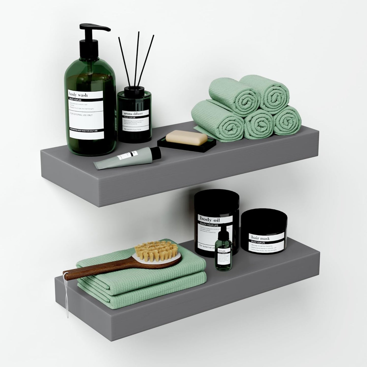 Homeforia Gray Floating Bathroom Shelves, High End Solid Real Wood 16 inch Small Floating Shelf for Wall Mounted, Grey Wooden 16 in Floating Shelves, Heavy Duty Bracket, 16 X 6.5 X 1.75 inch, Set of 2