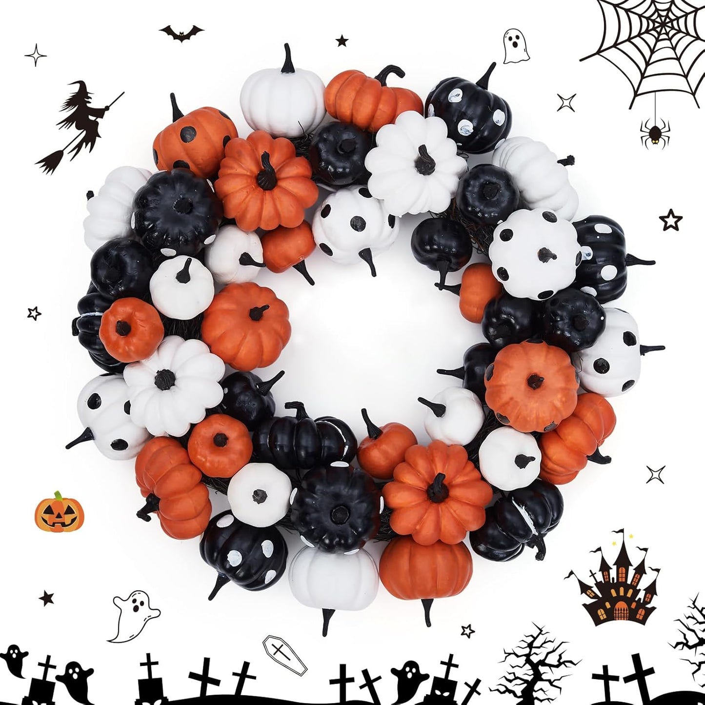GarveeHome Halloween Pumpkin Wreath for Front Door, 18 Inch Fall Farmhouse Wreath with Orange, Black and White Pumpkins, Rattan Bottom Halloween Indoor Outdoor Home Party Decor