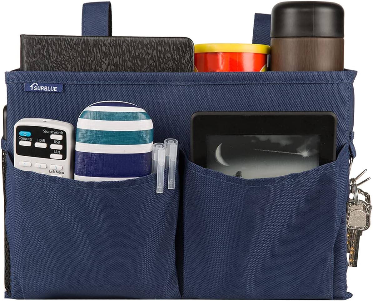 Surblue Bedside Caddy Hanging Organizer Storage Bag Pocket for Bunk, Hospital, College Dorm Rooms, Baby Bed Rails, Camp - 4 Pockets, 2 Hooks (Blue)