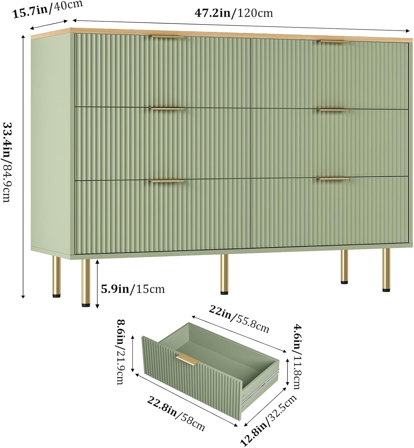 Fluted Wood Dresser 6 Drawers Dresser for Bedroom, Large Modern Chest of Drawers, for Bedroom, Living Room, Hallway, Entryway, Green and Oak