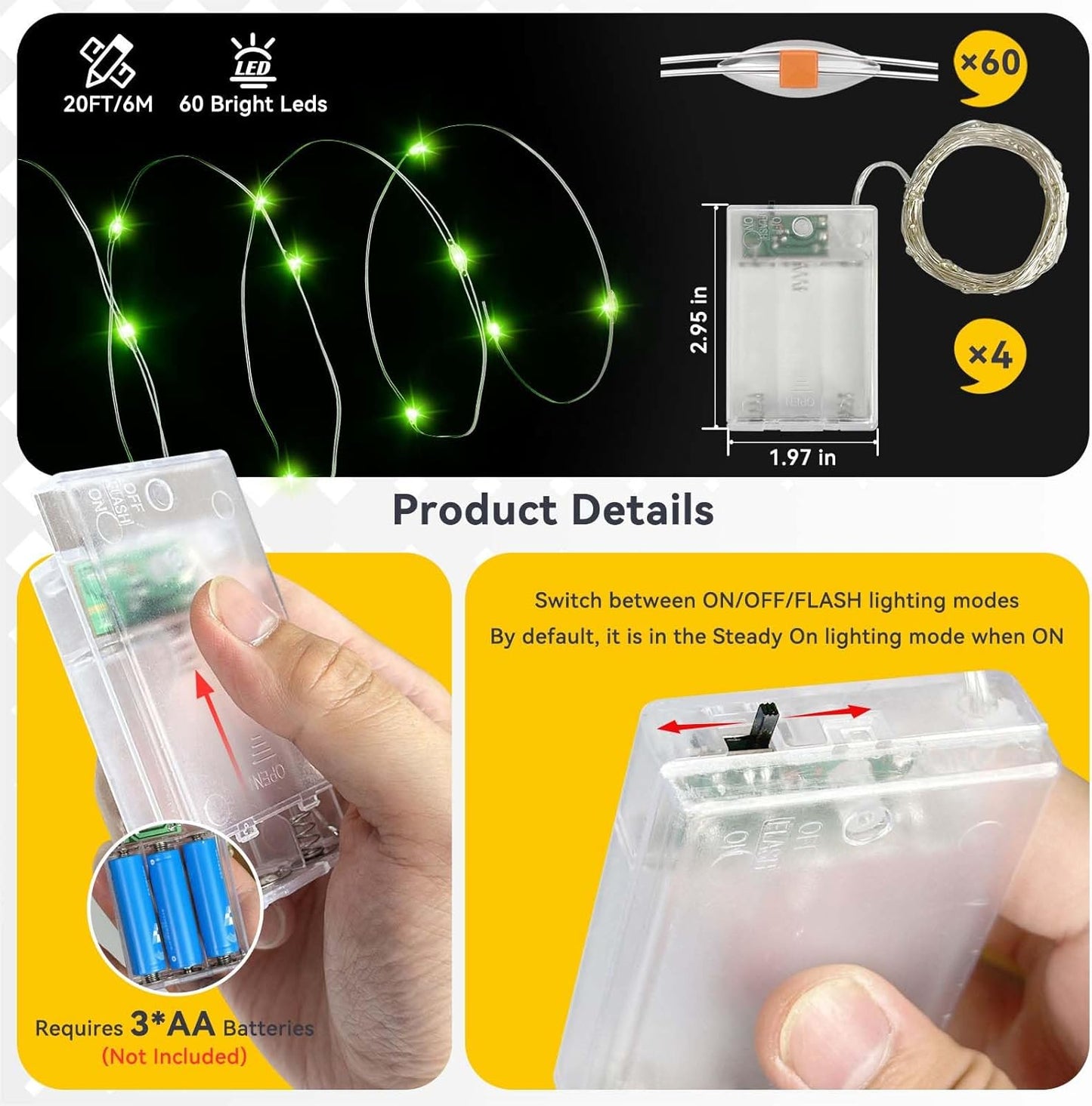 4 Pack 60LED Christmas Fairy Lights Battery Operated - 20FT Twinkle Lights with 2 Lighting Modes Indoor Outdoor, Waterproof Led Fairy String Lights for Bedroom, Classroom, Dorm, DIY Decor, Green