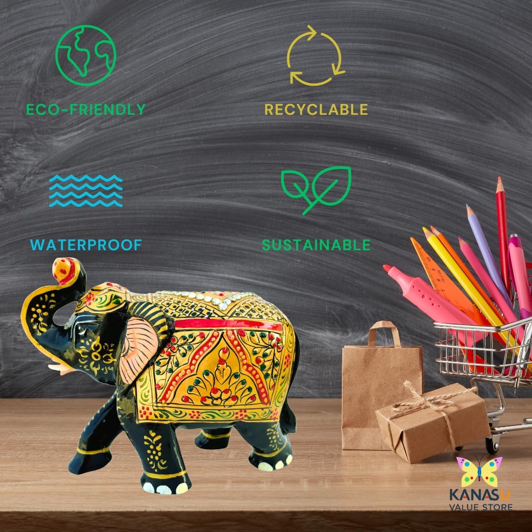 Handcrafted Wooden Elephant Figurine – Traditional Artwork, Gold & Gemstone Embellishments – Lucky Decorative Elephant Statue for Prosperity | Beautiful Elefantes Decorativos para Sala (Black & Gold)