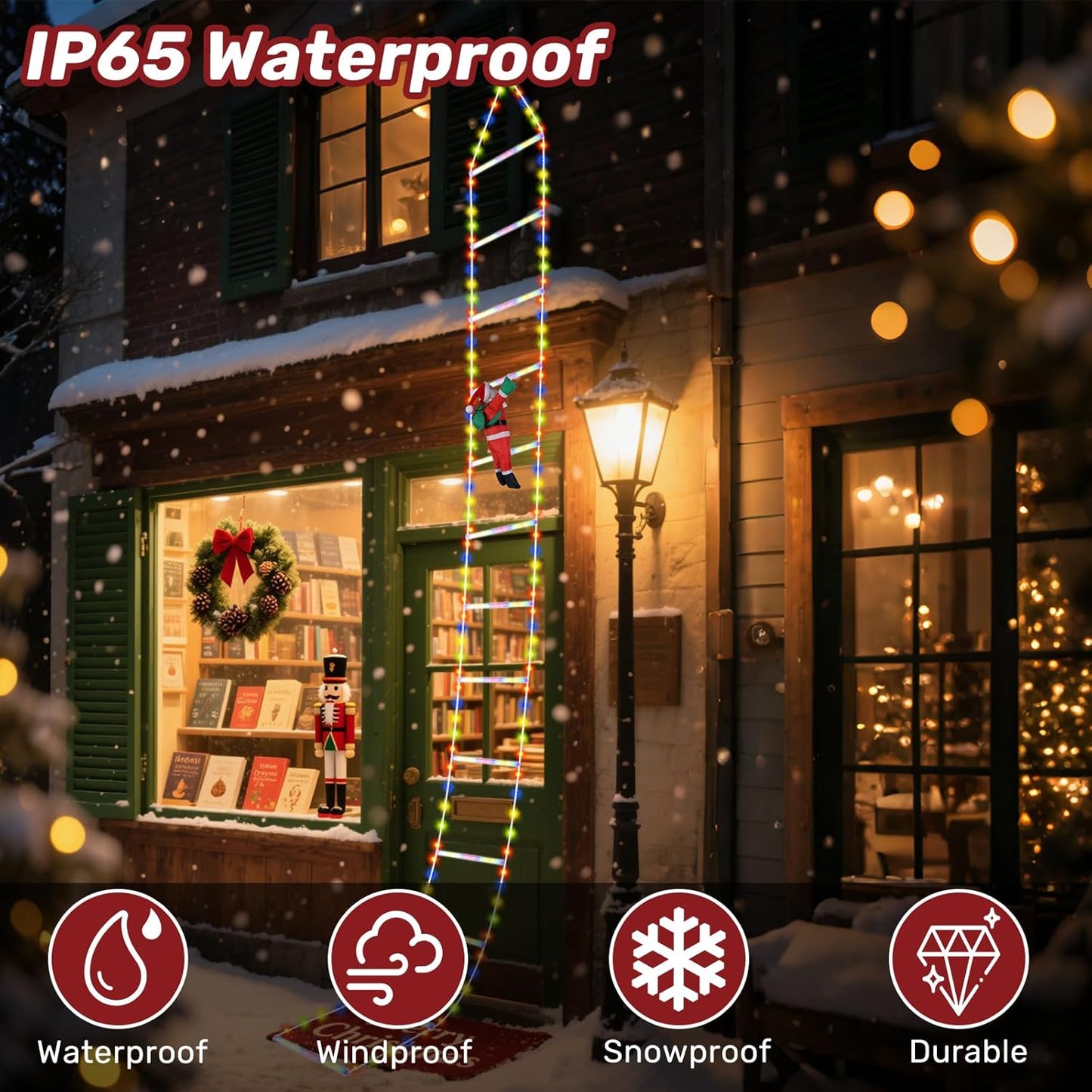 LED Christmas Ladder Lights 10ft with Santa Claus Decorations 2025 Upgrade Decorative Multicolor Lights for Outdoor and Indoor, Window, Garden, Home, Wall, Xmas Tree Decor Waterproof with 8 Modes