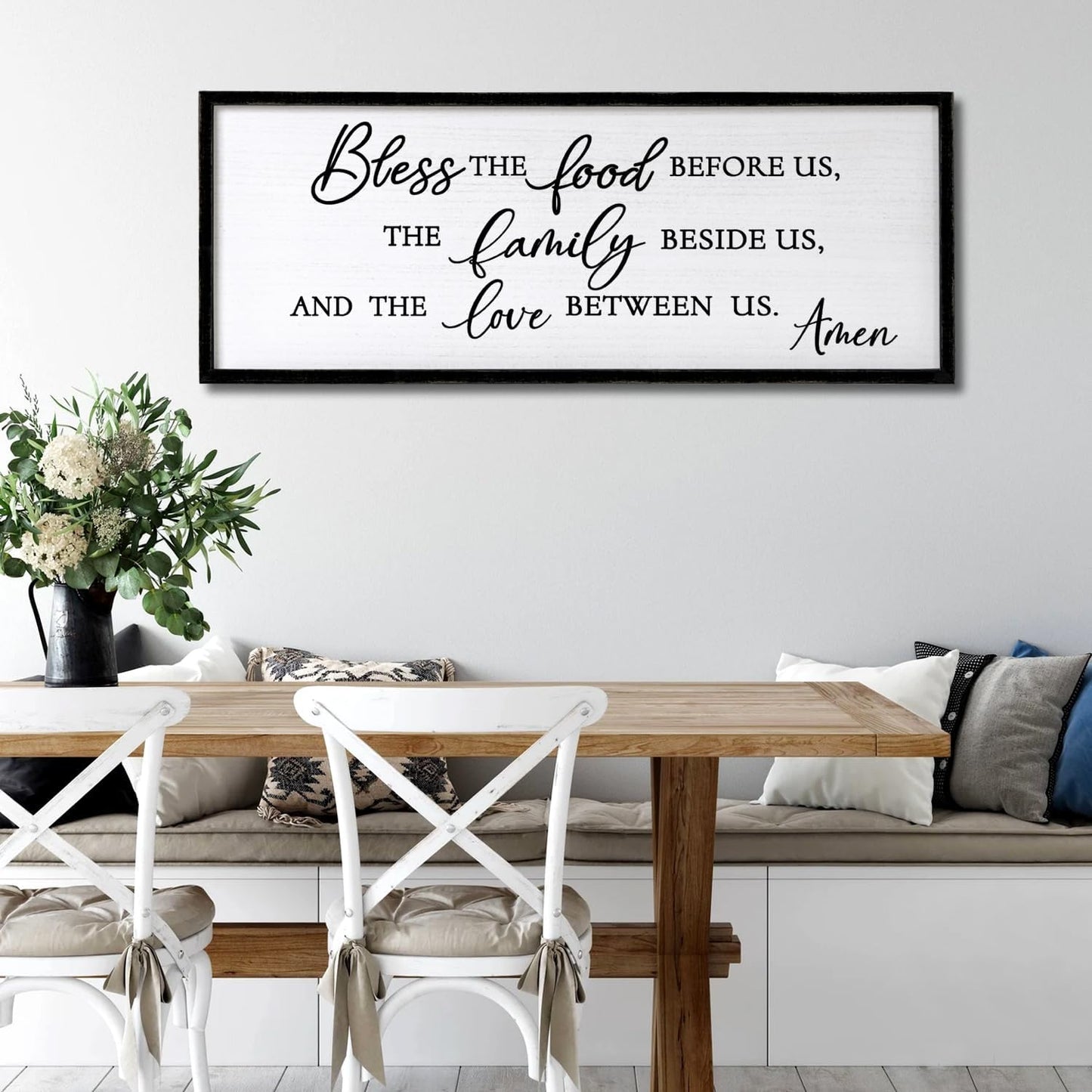 Bless the Food Before Us, the Family Beside Us, and the Love between us Framed Wall Art for Christian God Jesus Christ Prayer, 32''×12'' Positive Holy Religious Rustic Bible Verse for Dining Room