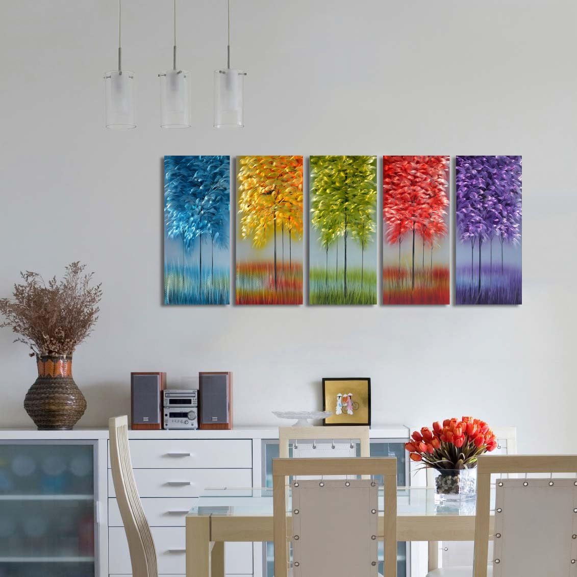 Handmade Metal Wall Art with Bog Life Multi-Colored Tree, 3D Abstract Design Artwork for Modern and Contemporary Decor, Indoor Outdoor Wall Decorations, 5-Panels Metal Art Measure 24"x 64"