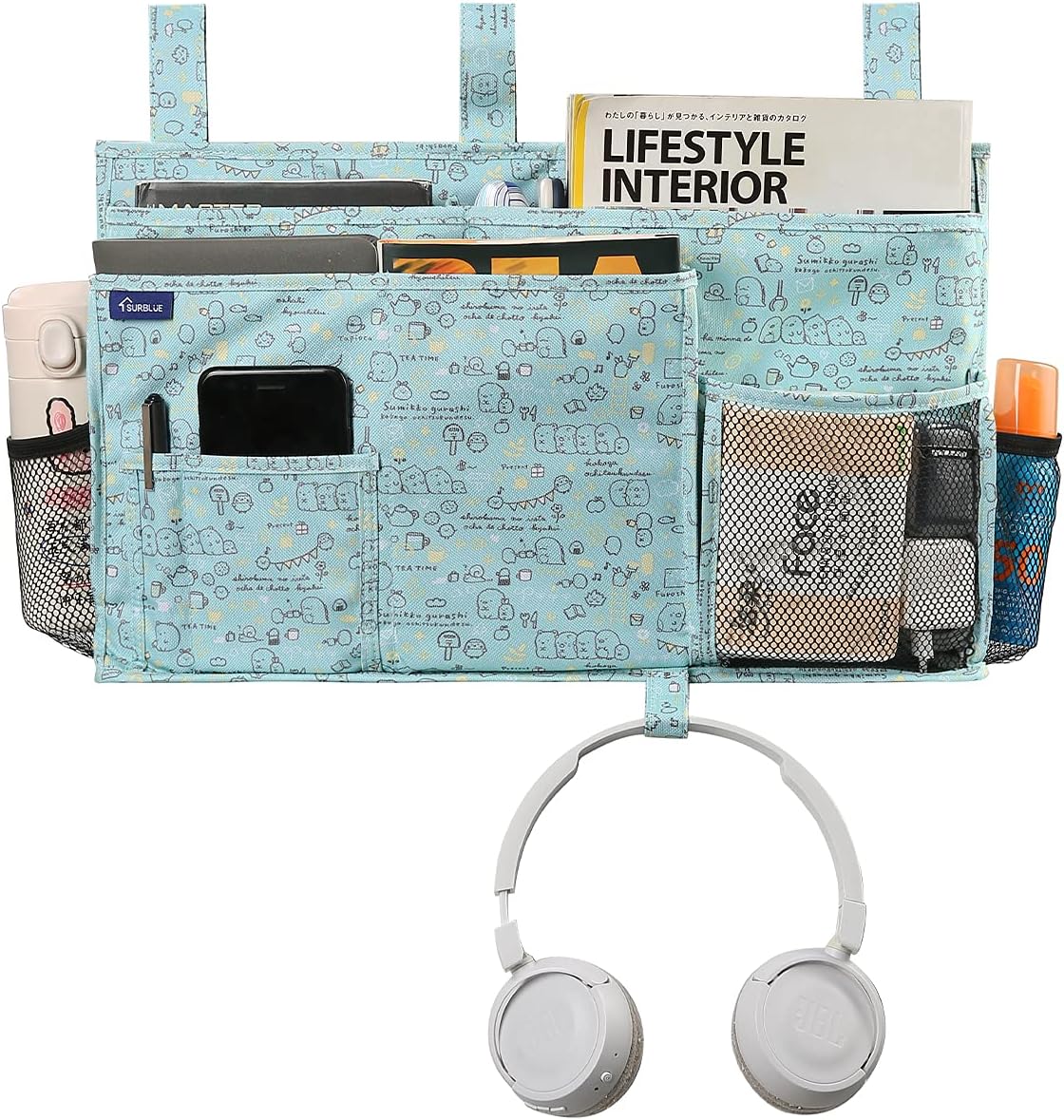 Surblue Bedside Caddy Hanging Bed Organizer Storage Bag Pocket for Bunk and Hospital Beds, College Dorm Rooms Baby Bed Rails, Camp 8 Pockets, (Large, Cartoon)