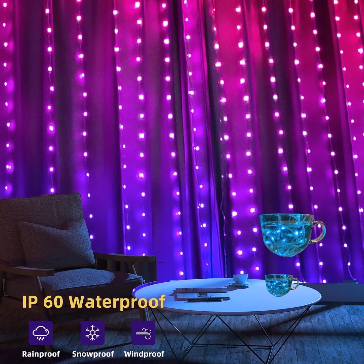 QINER LED Curtain Lights Indoor, 9.8 FT x 9.8 FT 300 LED with USB APP Control, Multiple Modes Selection, Smart Curtain Light for Bedroom, Wedding,Valentine's Day, Party