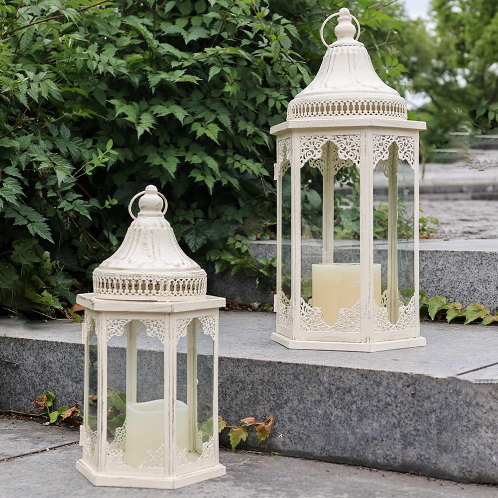 NEEDOMO Lanterns Decorative Outdoor & Indoor, Set of 2 Outdoor Lanterns for Porch,Large Candle Lantern, Beige Metal Frame with Glass for Fall, Christmas