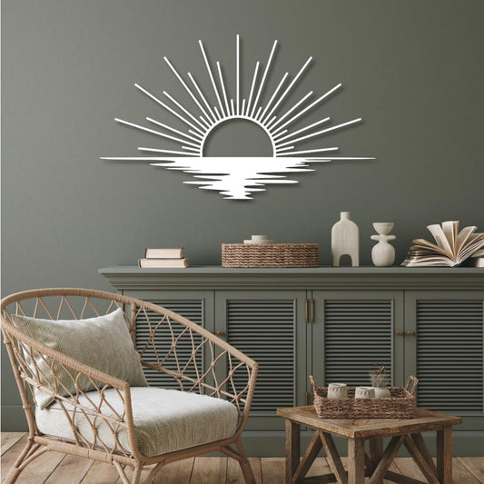 Sunrise Metal Wall Art, Metal Sun Wall Decor, Metal Sun Outdoor Decor, Large Metal Sun Wall Art, Sun Wall Art, Boho Sun Wall Art, Sunshine Metal Sign, Living Room Bedroom Wall Hangings (White, 39"x 23"| 100x59cm )