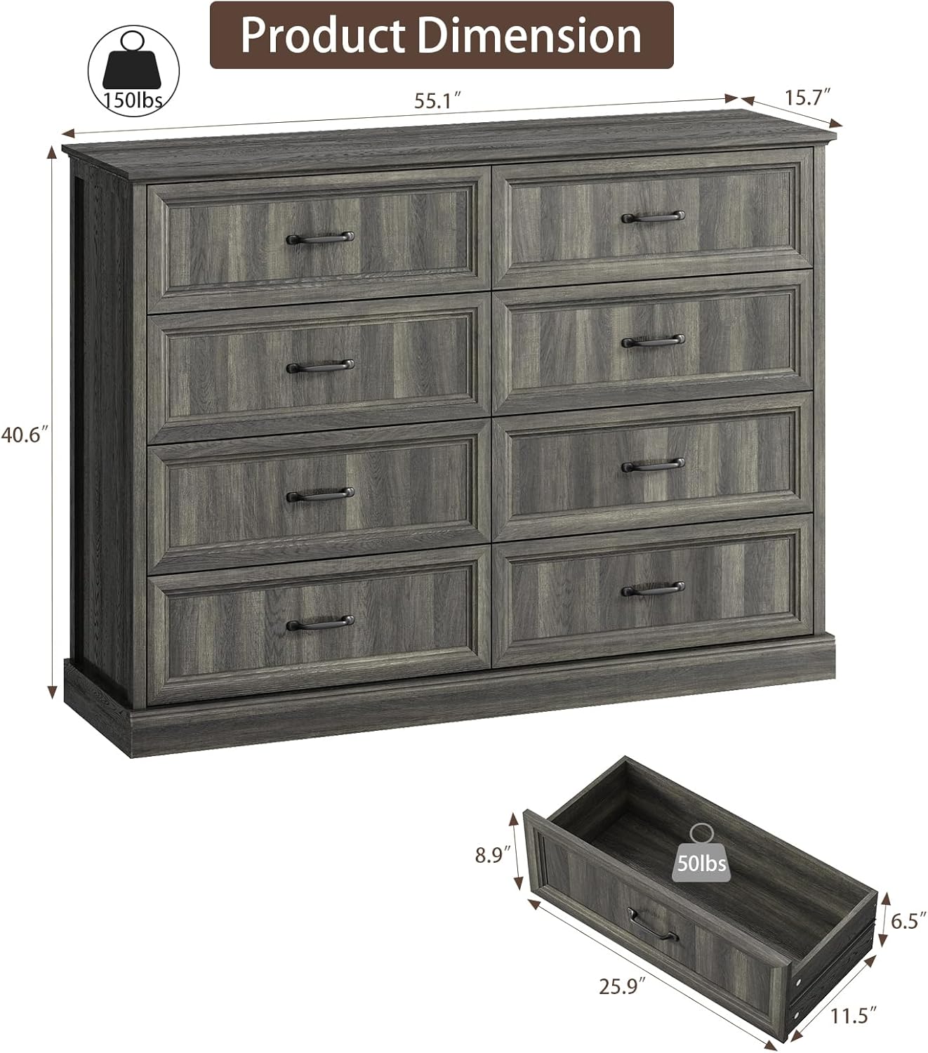 CARPETNAL Farmhouse 8 Drawer Dresser for Bedroom, 55 Inch Wide Modern Grey Dresser TV Stand with Large Drawers & Bar Handles, Rustic Wood Chest of Drawers for Bedroom, Living Room, Hallway, Entryway.