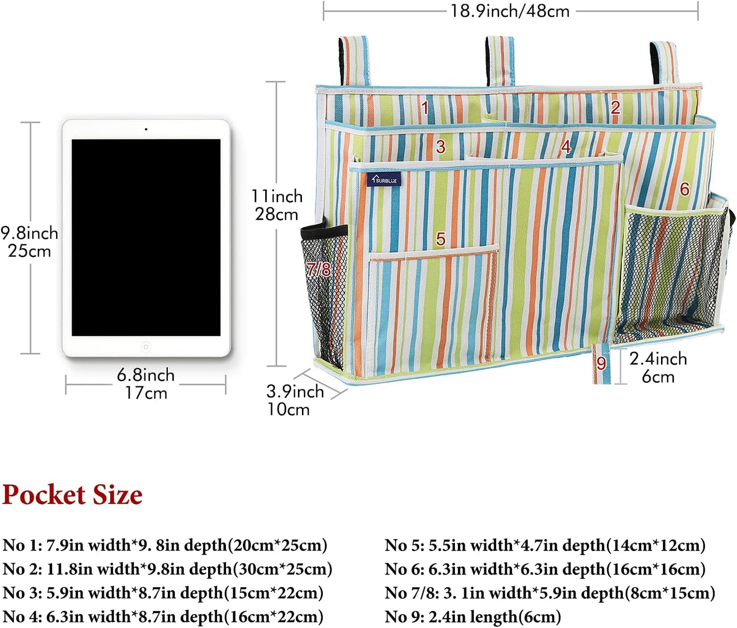 Surblue Bedside Caddy Hanging Bed Organizer Storage Bag Pocket for Bunk and Hospital Beds, College Dorm Rooms Baby Bed Rails, Camp 8 Pockets, (Large, Green Stripe)