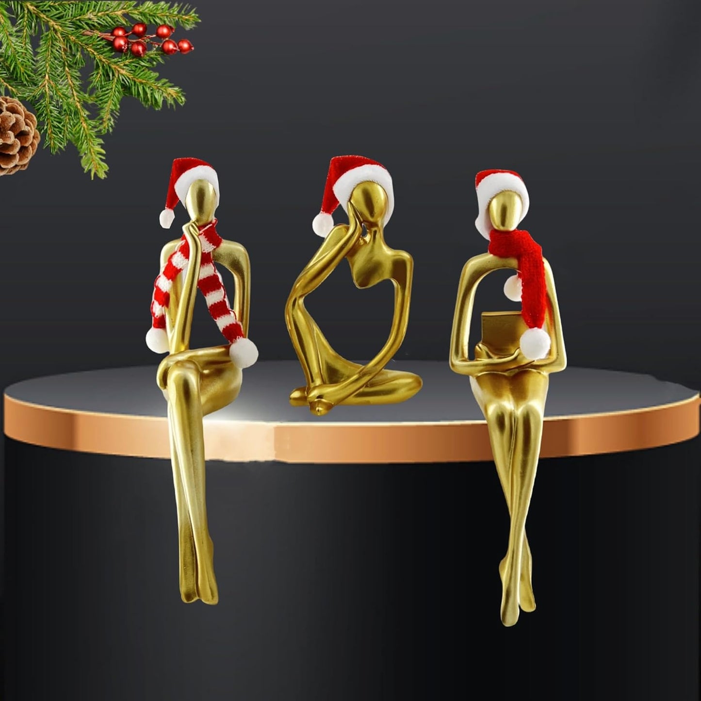 Christmas Gold Home Decor Thinker Statue Accents, 2025 Xmas Thinker Sculptures Office Decor Modern Abstract Decoration on Shelf Table Desk for Living Room Office Bedroom Comes with Christmas Hats