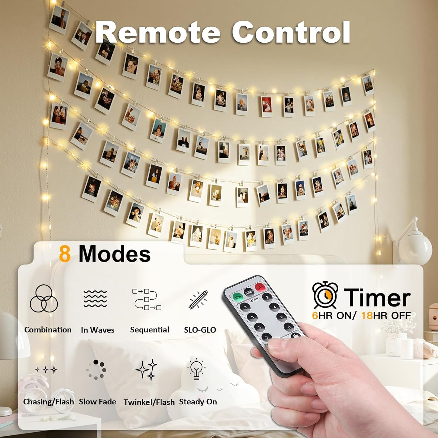 SUDDUS 16ft 50LED Fairy Lights with 22 Clips, Battery/USB Operated Photo Twinkle Lights with Remote Control & Timer, Waterproof Indoor Outdoor String Lights for Wedding Bedroom Dorm Decor (Warm White)