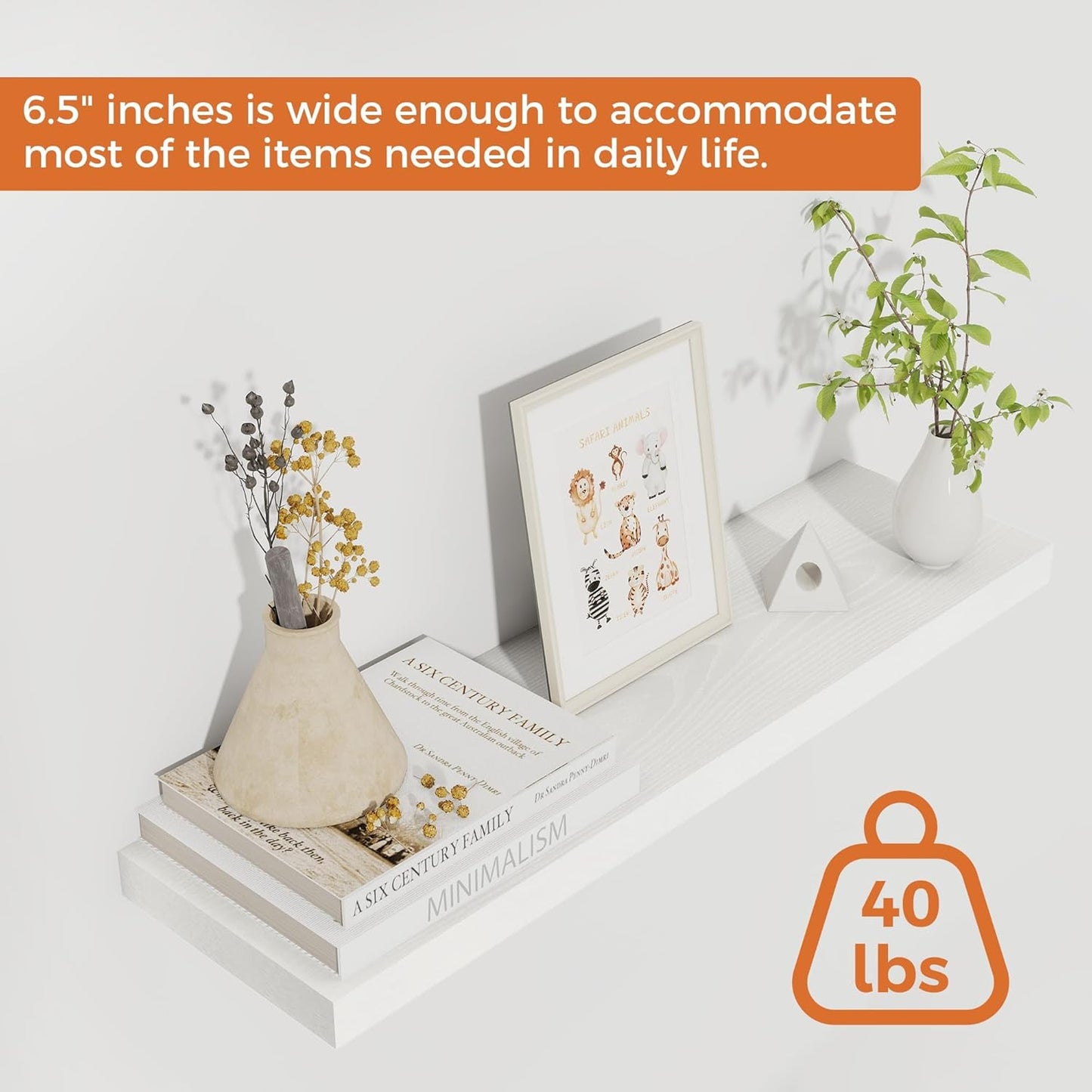 Fun Memories Floating Shelves for Wall, 24" Rustic Wood Deep Wall Mounted Shelves with Invisible Brackets for Decor & Storage, Floating Shelf for Living Room, Bathroom (White, Set of 2)