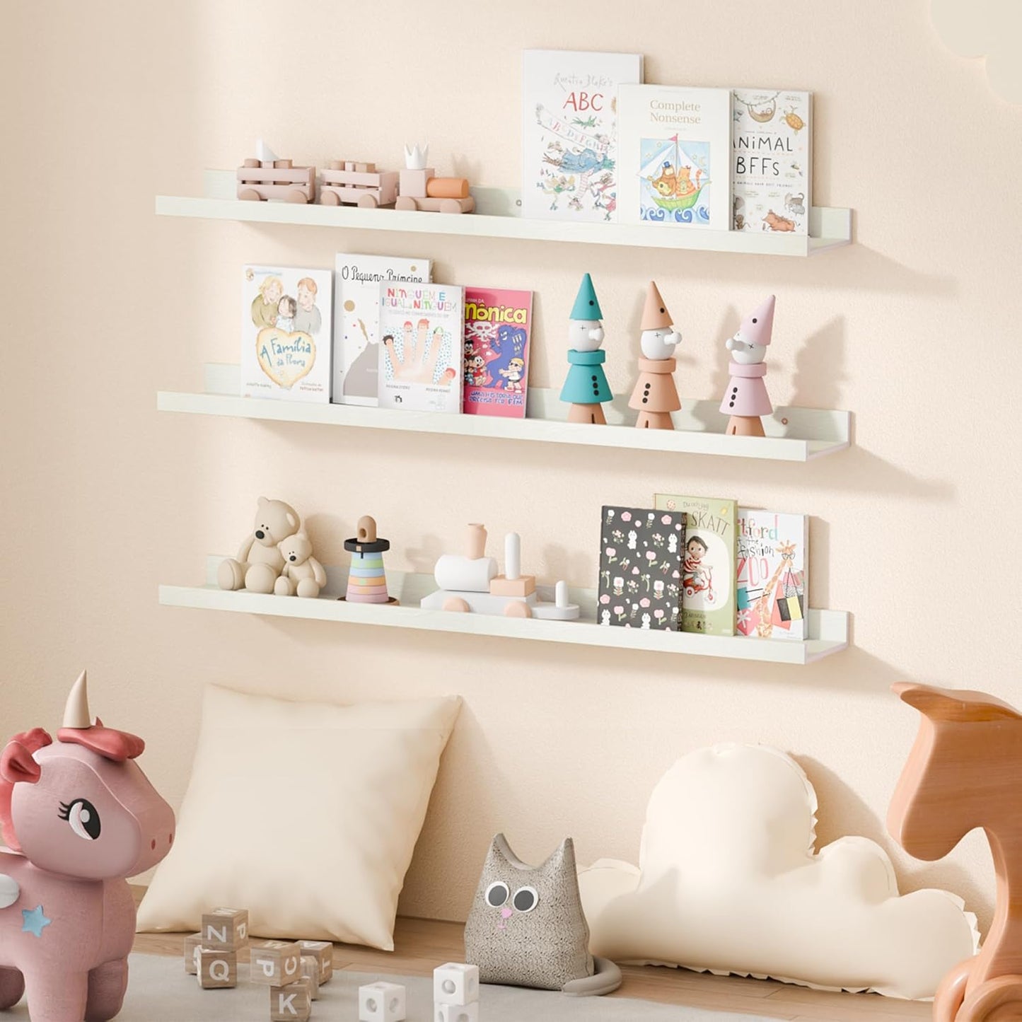 upsimples Floating Shelves for Wall, Wall Shelves for Decor Storage Set of 6, Wall Mounted Wood Shelf for Bedroom, Living Room, Bathroom, Kitchen, 35.5 inch Long Picture Ledge Shelf, White