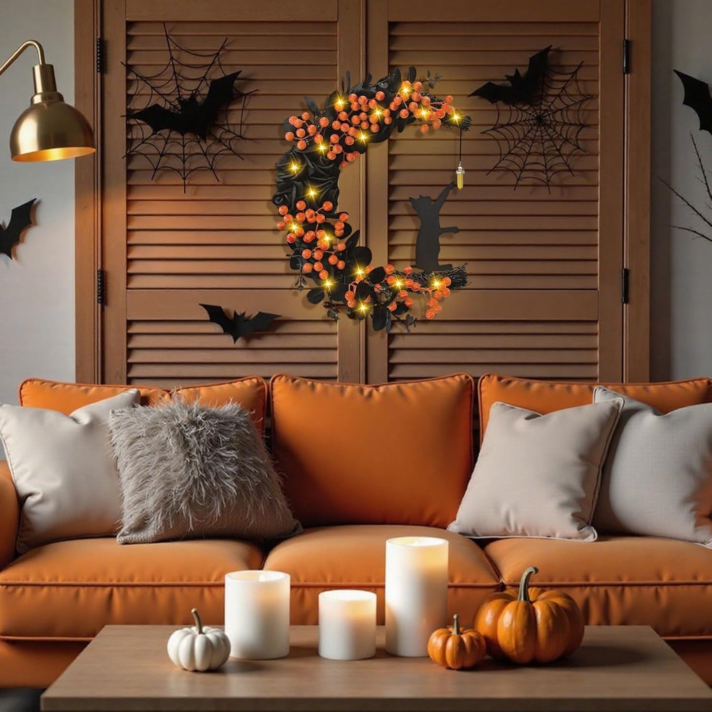 Halloween Wreaths for Front Door with Light, Black Cat Crescent Moon Wreath, Cute Cat Garland Halloween Door Decorations for Outdoor Indoor Decor Wall Window Home Party