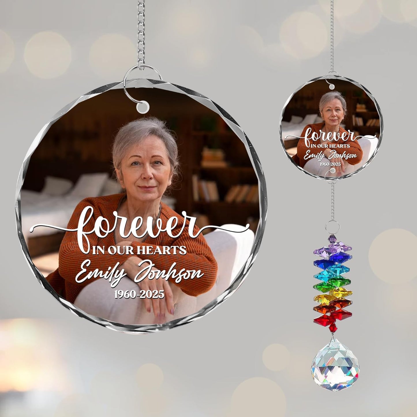 Personalized Memorial Suncatcher Ornament with Photo – Custom Glass Ornament with “Forever in Our Hearts” Quote – in Loving Memory Rainbow Crystal Keepsake – Loss of Loved One