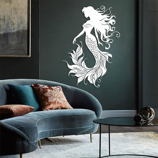 Veplsur Mermaid Metal Wall Art, Metal Mermaid Wall Decor, Marine Biology Wall Decor, Ocean Wall Art, Nautical Wall Hanging, Beach Hanging for Bathroom Bedroom (White, 30"x21"|76x54cm)