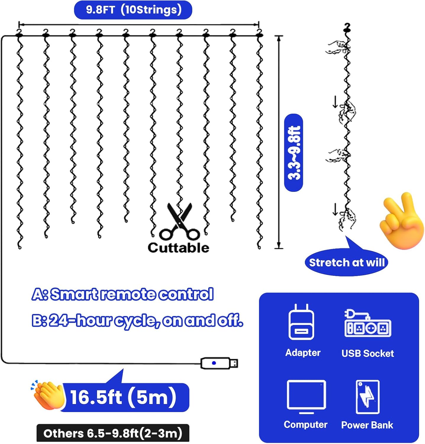 HXWEIYE 300LED Blue Fairy Curtain Lights with Remote 8 Modes Timer for Bedroom, 9.8x9.8Ft USB Plug in Christmas Fairy Hanging String Lights for Outdoor, Weddings, Party, Garden, Wall, Decorations