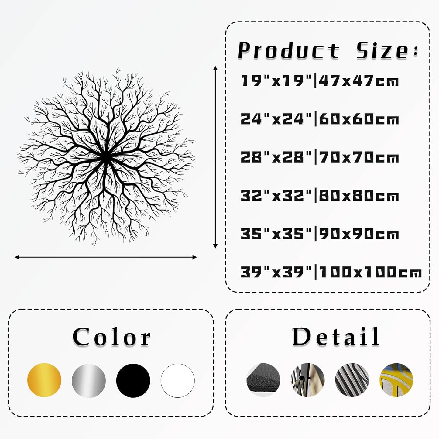 Tree of Life Metal Wall Art, Metal Tree Wall Art, Large Round Sculpture, Round Branch Wall Decor, Large Branch Artwork, Nature Sign, Wall Decor for Living Room, Housewarming Gift (Black, 28"x28"|70x70cm)